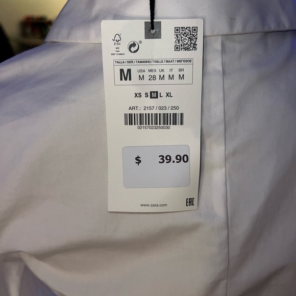 New ZARA WHITE GATHERED POPLIN SHIRT, Medium - Picture 10 of 10